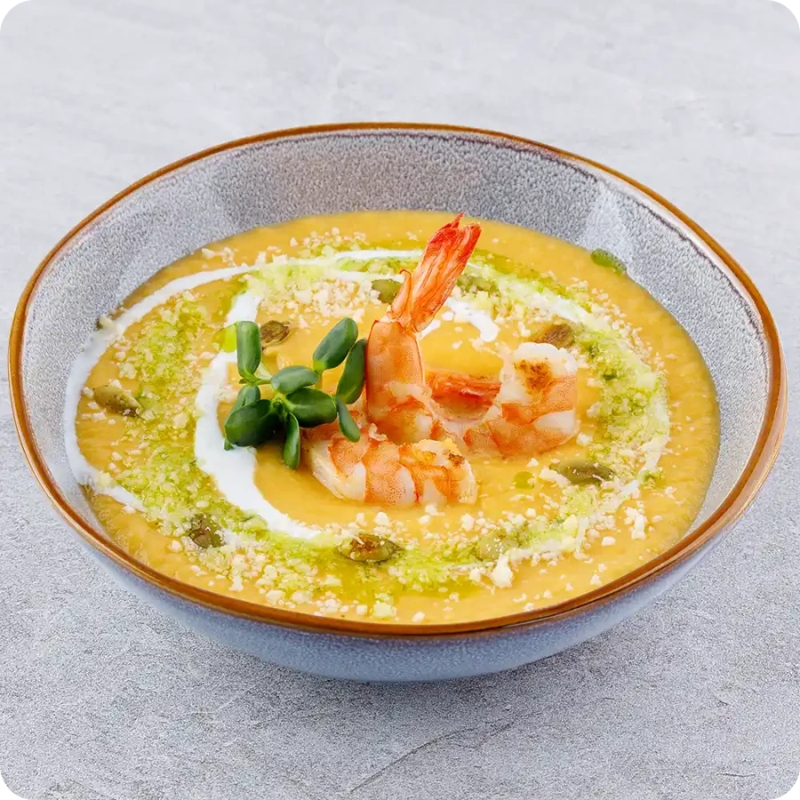 Pumpkin cream soup with shrimp