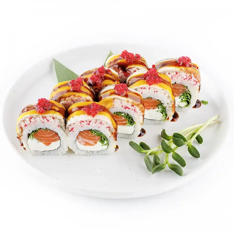 Double-decker roll with fried eel and salmon