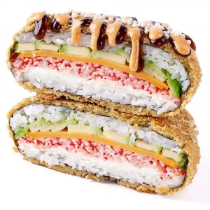 Sushi burger with surimi and caviar