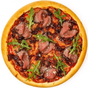 Pizza with roast beef and onion marmalade